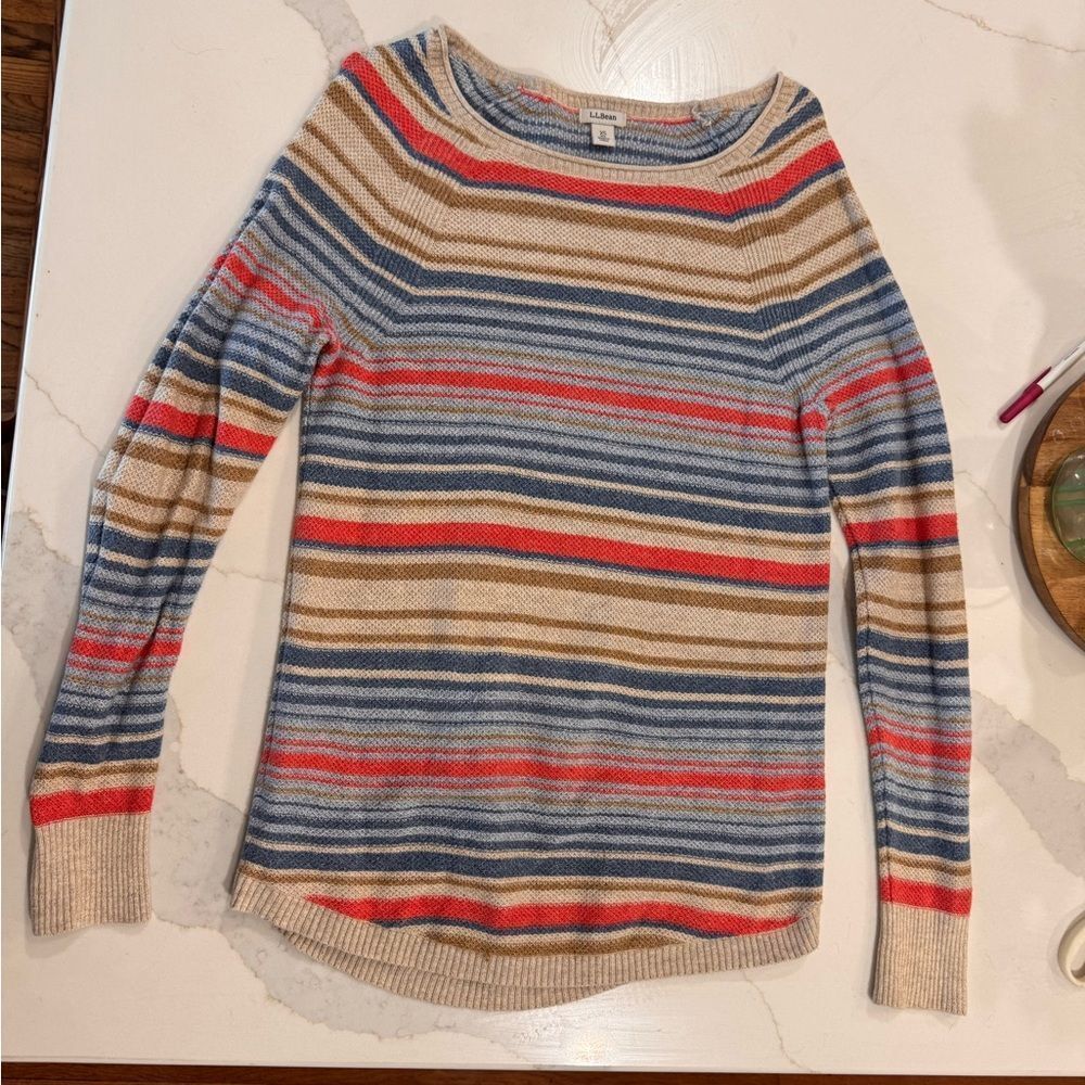 L.L. Bean Striped Crewneck Sweater in Blue, Tan, Cream & Coral